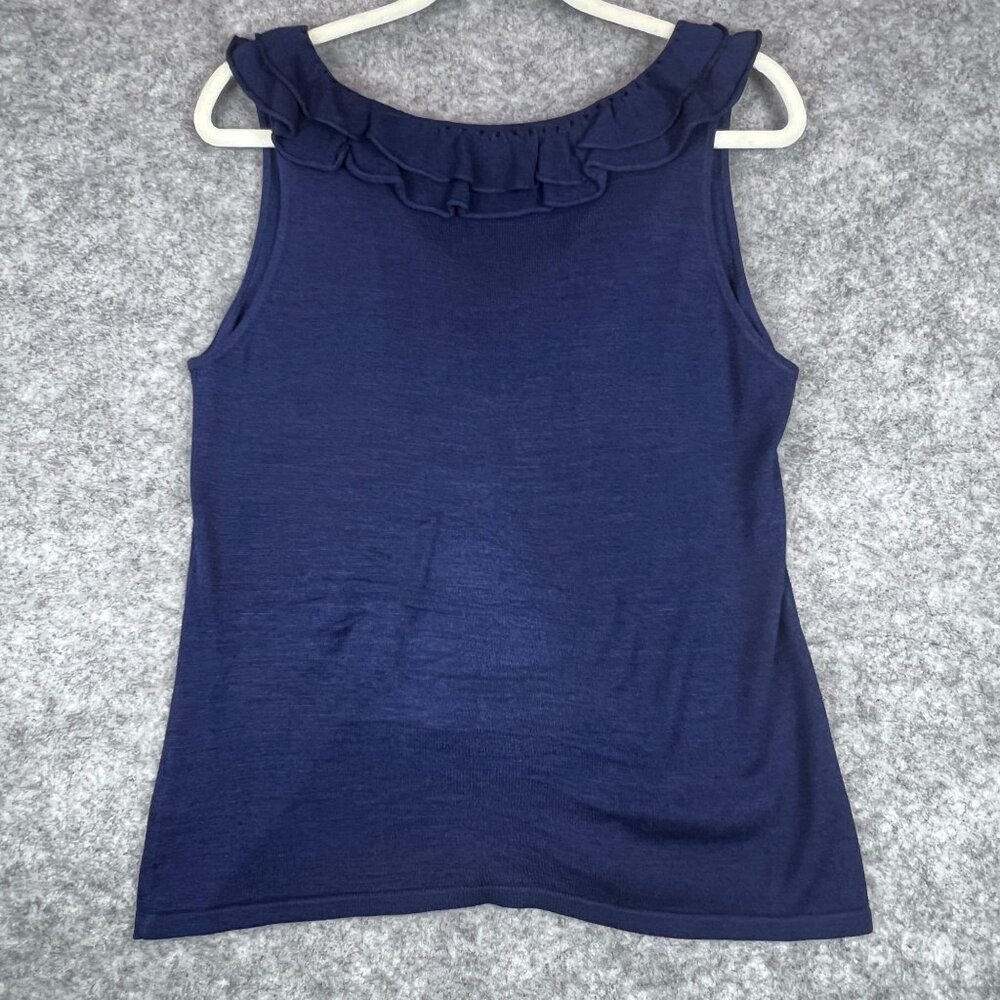 Ralph Lauren Womens Large Navy Ruffle V-Neck 100% Silk Preppy Classic Tank Top - Picture 10 of 11